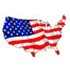 Outline of the United States filled with the design of the American flag, featuring white stars on blue and red and white stripes.
