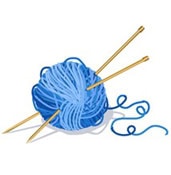 A ball of blue yarn with two wooden knitting needles inserted through it, and a loose strand of yarn extending outward.