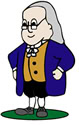 Cartoon illustration of an older man with long gray hair, glasses, a blue coat, yellow vest, black pants, and shoes, standing on grass with hands on hips.