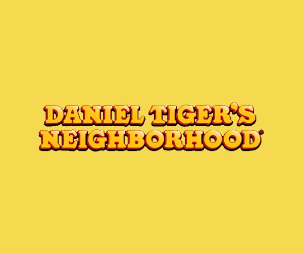 The logo for "Daniel Tiger's Neighborhood" is displayed in bold, orange and red letters on a yellow background.