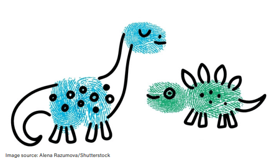Illustration of two cartoon dinosaurs made from colorful fingerprint patterns. A larger blue long-neck dinosaur stands on the left with a smiling face and black spots on its body, while a smaller green stegosaurus-like dinosaur stands on the right with black spikes along its back and tail. Both dinosaurs are outlined in black against a light gray background.