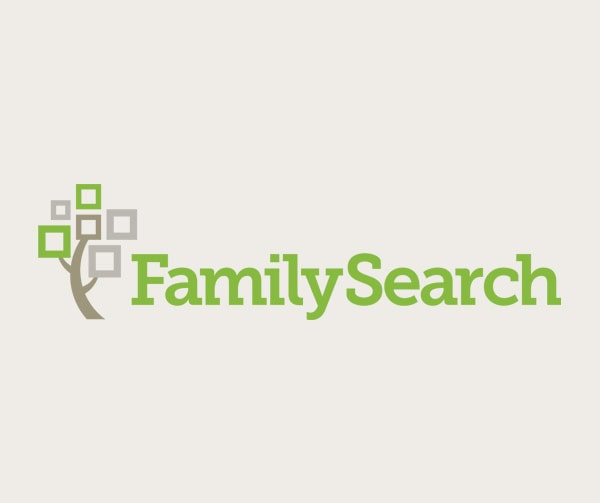 FamilySearch logo featuring a stylized tree with square leaves in green and gray, next to the words "FamilySearch" in green text.
