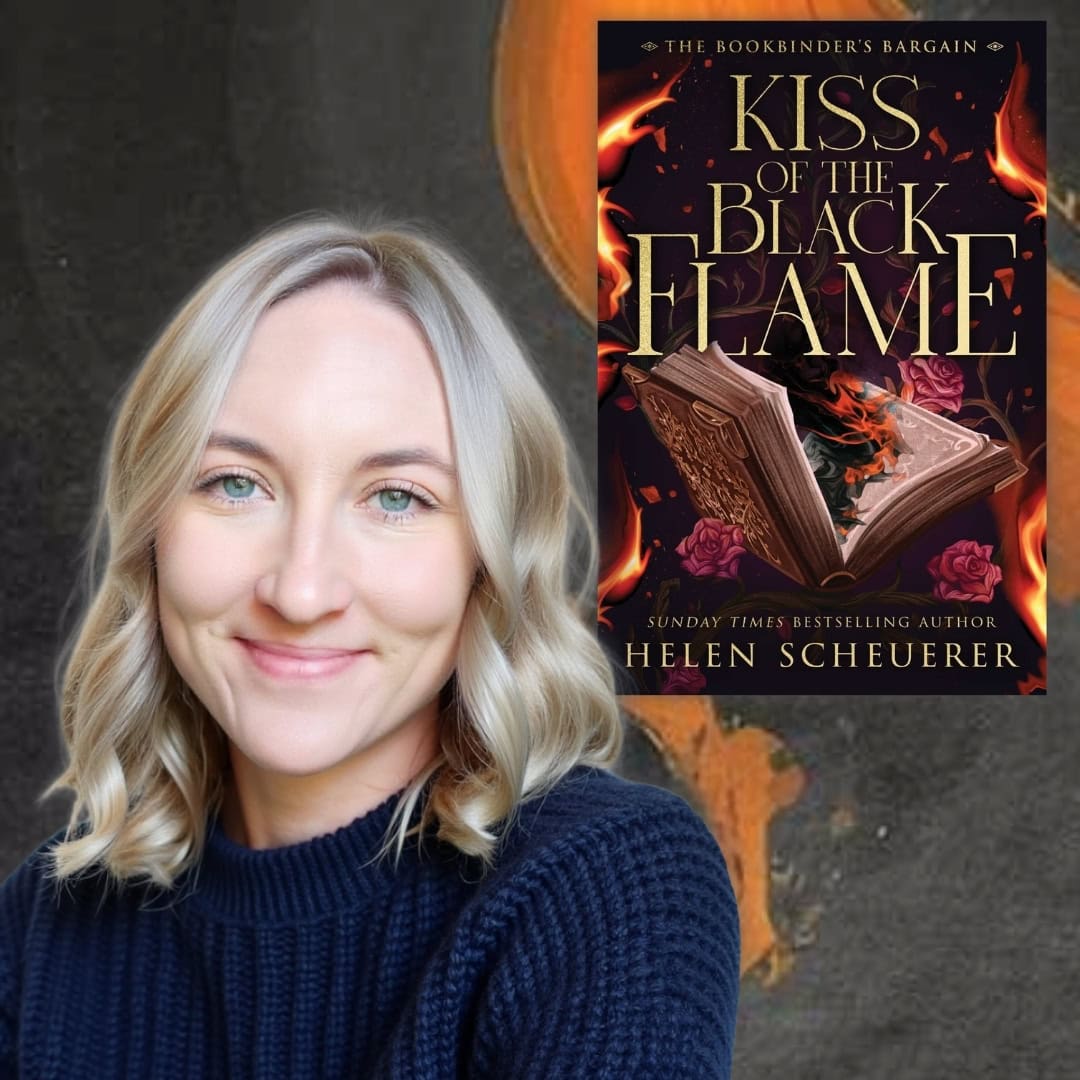 Portrait of author Helen Scheuerer beside the cover of her fantasy novel Kiss of the Black Flame, which features an open book surrounded by flames and dark red roses.