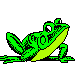 Animated green frog leaping forward with its legs extended behind, shown on a white background.