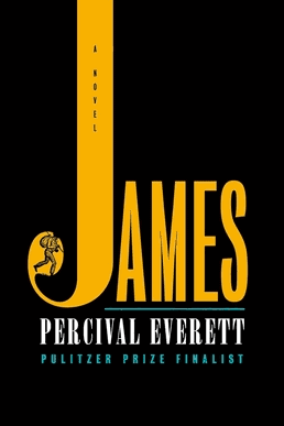 Book cover for James by Percival Everett. A minimalist black cover features the title in large gold lettering, with an elongated “J” containing a small illustration of a man. The author’s name appears in white below the title.