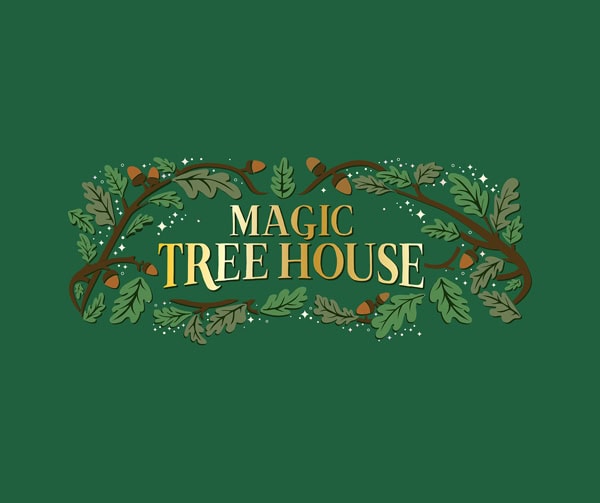 A decorative logo reading "Magic Tree House" surrounded by illustrated oak branches, leaves, and acorns on a green background.
