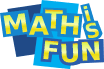 Colorful text reads "Math is Fun" with each word in yellow letters outlined in blue and placed on overlapping blue rectangles.