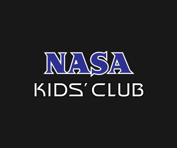 The image displays the words "NASA Kids' Club" in stylized blue and white text on a black background.