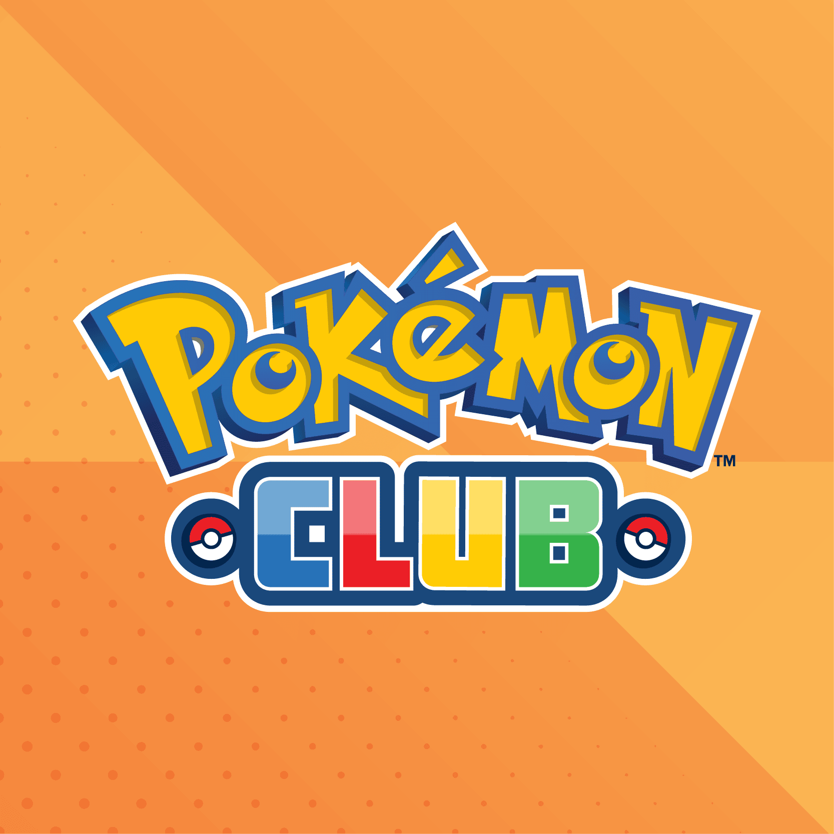 Pokémon Club logo in yellow, blue, red, and green on an orange geometric background with a subtle dotted pattern.