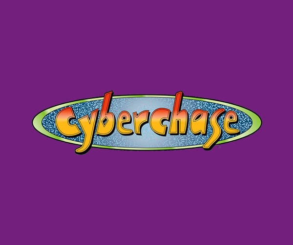 The "Cyberchase" logo features colorful, stylized text on an oval background with a purple border and a purple backdrop.