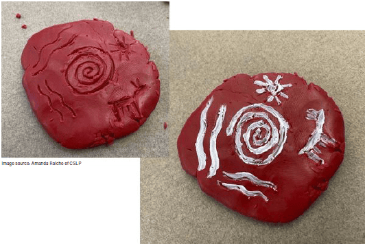 Two pieces of flattened red clay displayed on a beige surface. The clay piece on the left has carved designs, including a spiral in the center and several curved lines around it. The clay piece on the right shows the same design highlighted with white paint, featuring a central spiral, wavy lines, and a small star- or flower-like symbol near the top. The image appears to demonstrate a clay engraving and painting activity.