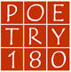Nine red squares containing white letters spell "POETRY 180" in a grid pattern.