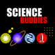 Logo with the text "Science Buddies" above icons of a sun, atom, DNA strand, rocket, and grid on a black background.