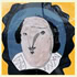 Abstract painting of a person with a pale oval face, black hair, and a white ruffled collar against a yellow and blue background.