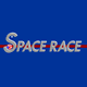 Logo with the words "Space Race" in gray letters on a blue background, featuring a red horizontal line and a NASA-style emblem inside the "S.