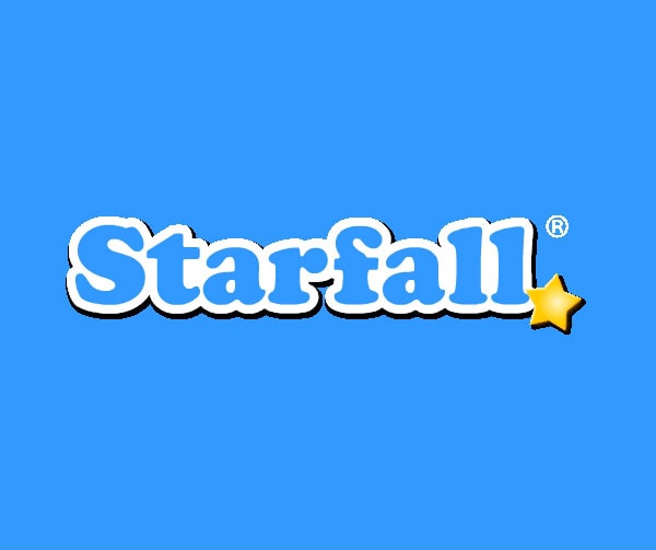 The "Starfall" logo in white and blue bubble letters with a small yellow star under the final "l," set against a solid blue background.