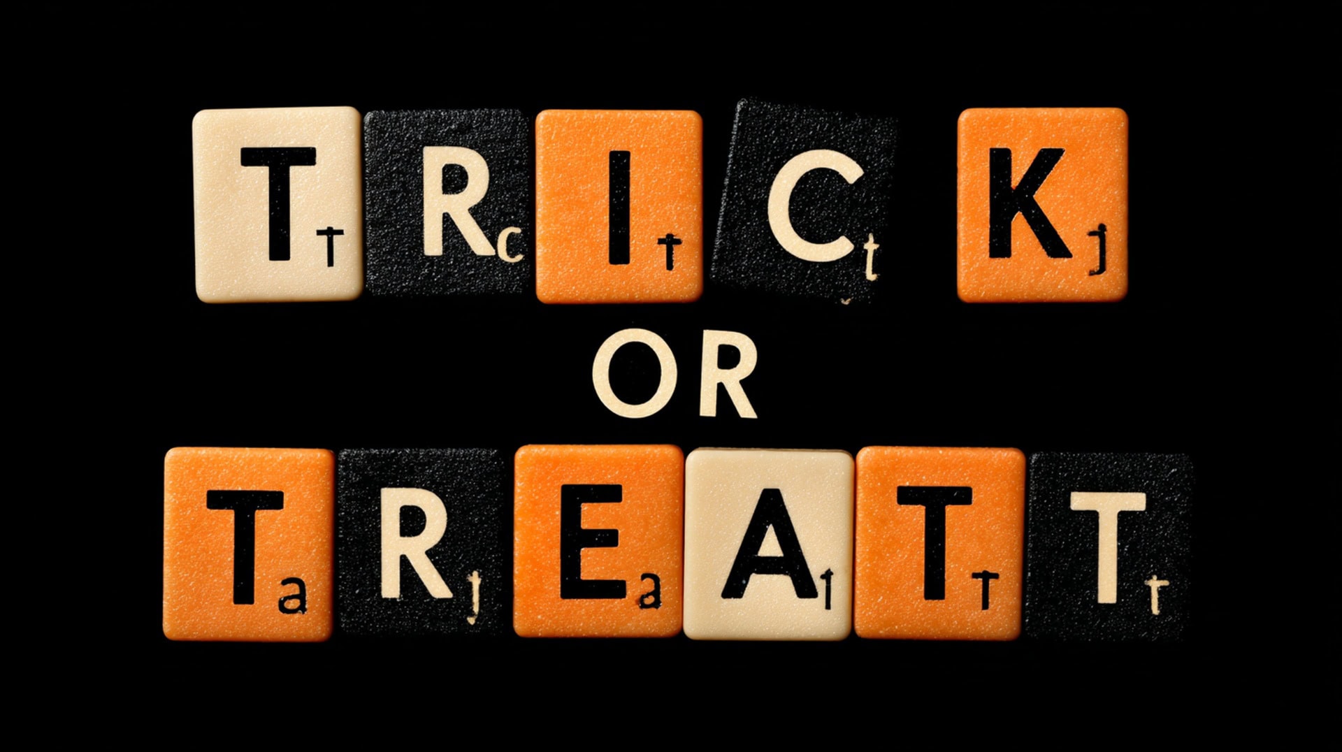 Orange, black, and cream letter tiles arranged on a black background to spell “TRICK OR TREAT.”