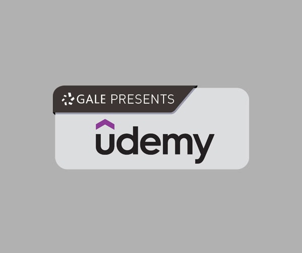 A logo with the words “GALE PRESENTS” above the Udemy logo, featuring a purple accent, on a gray background.