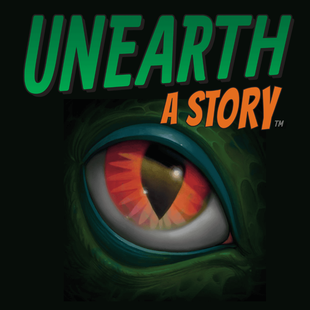 Promotional graphic with the words “UNEARTH A STORY” in large bold letters at the top, with “UNEARTH” in bright green and “A STORY” in orange. Below the text is a close-up illustration of a reptilian or dragon-like eye with a vertical black pupil and vivid red, orange, and yellow iris. The eye is surrounded by textured green scales against a dark background, creating a mysterious and adventurous fantasy atmosphere.