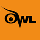 Stylized black owl eye and beak design forming the word "OWL" on an orange background.